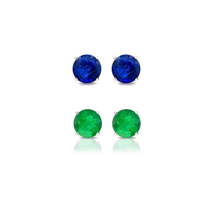 Paris Jewelry 18k White Gold 2Ct Created Blue Sapphire and Emerald 2 Pairs Round Stud Earrings Plated Image 1