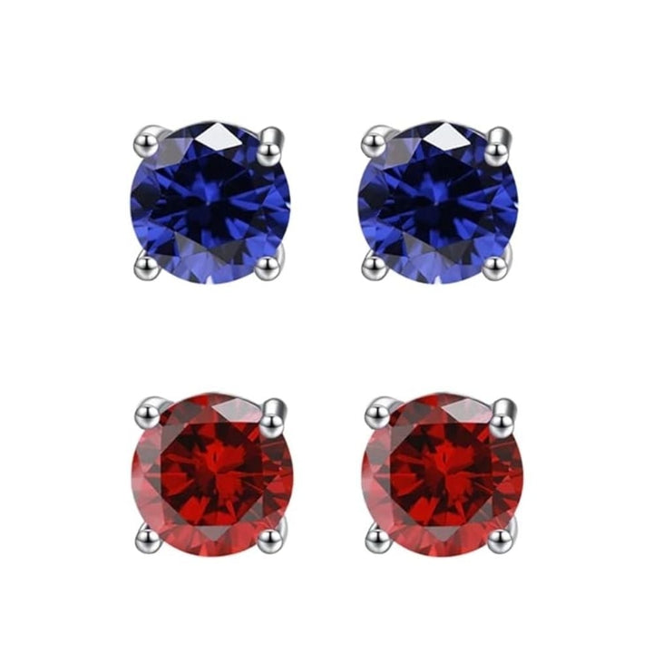 18k White Gold Plated 2Ct Created Blue Sapphire And Ruby 2 Pair Round Stud Earrings Image 1