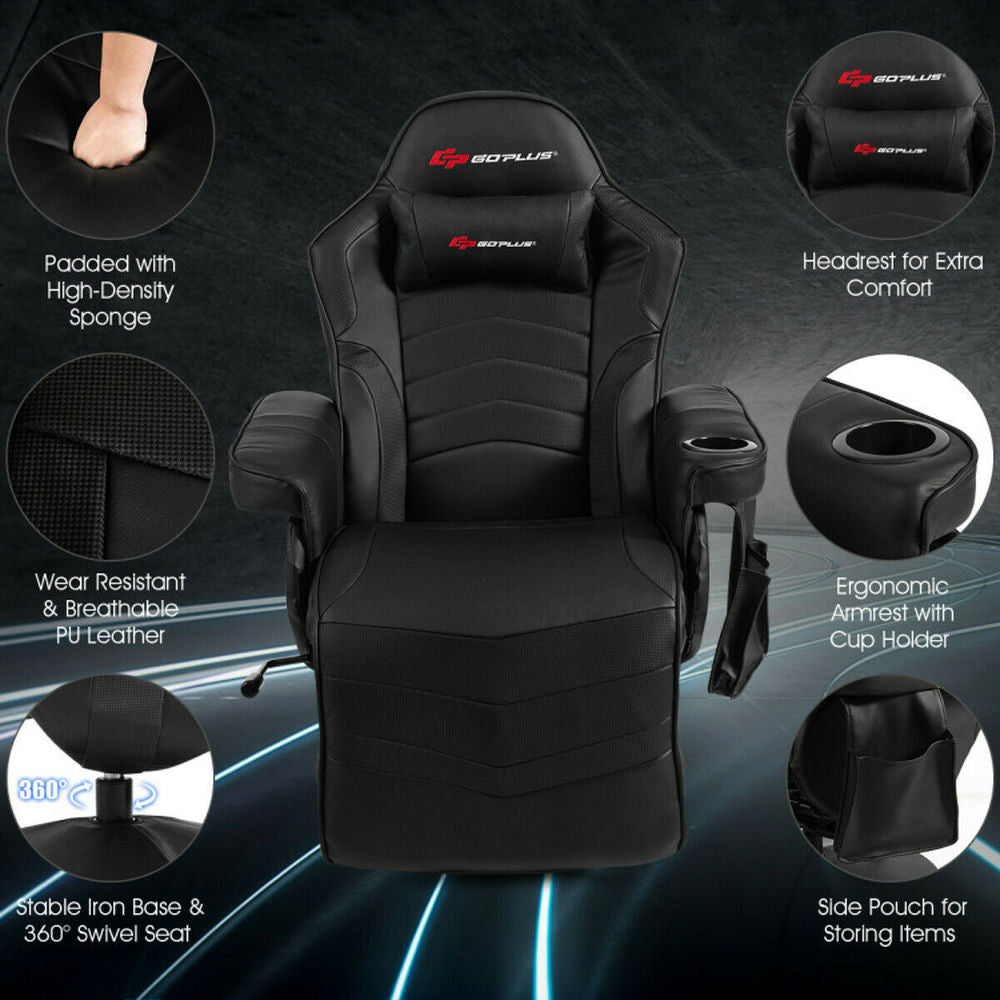 Hommoo Gaming Chair Computer Chair Office Chair Ergonomic High Back Massage Gaming Chair with Pillow-Black Image 2