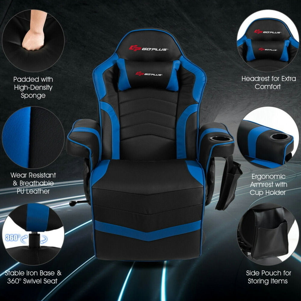 Hommoo Gaming Chair Computer Chair Office Chair Ergonomic High Back Massage Gaming Chair with Pillow-Blue Image 4