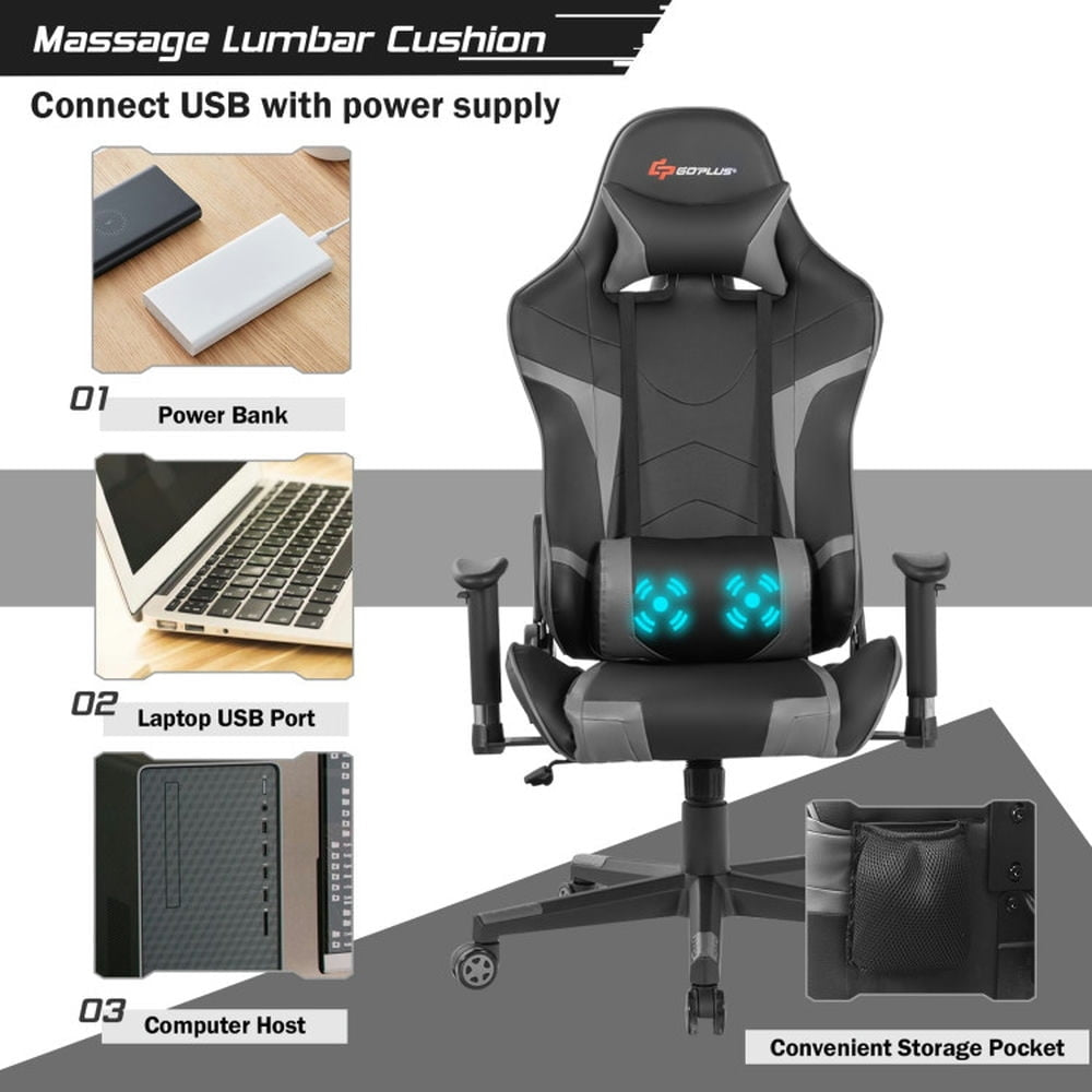 Hommoo Gaming Chair Computer Chair Office Chair Reclining Swivel Massage Gaming Chair with Lumbar Support-Gray Image 2