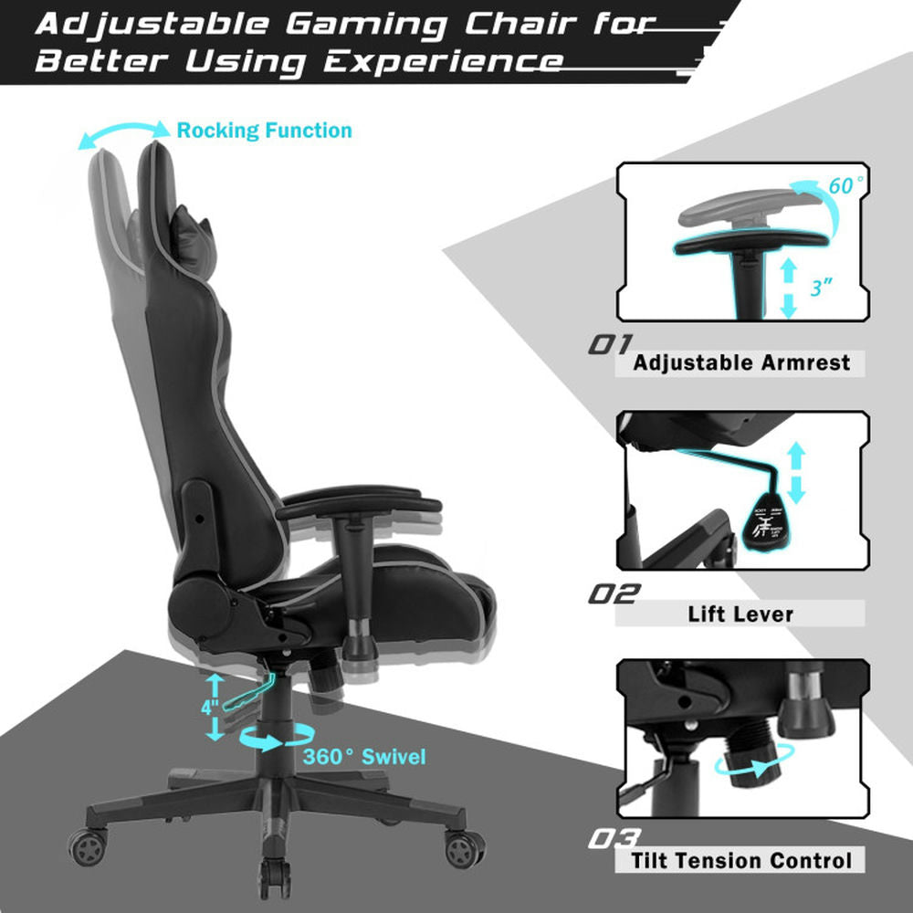 Hommoo Gaming Chair Computer Chair Office Chair Reclining Swivel Massage Gaming Chair with Lumbar Support-Gray Image 3