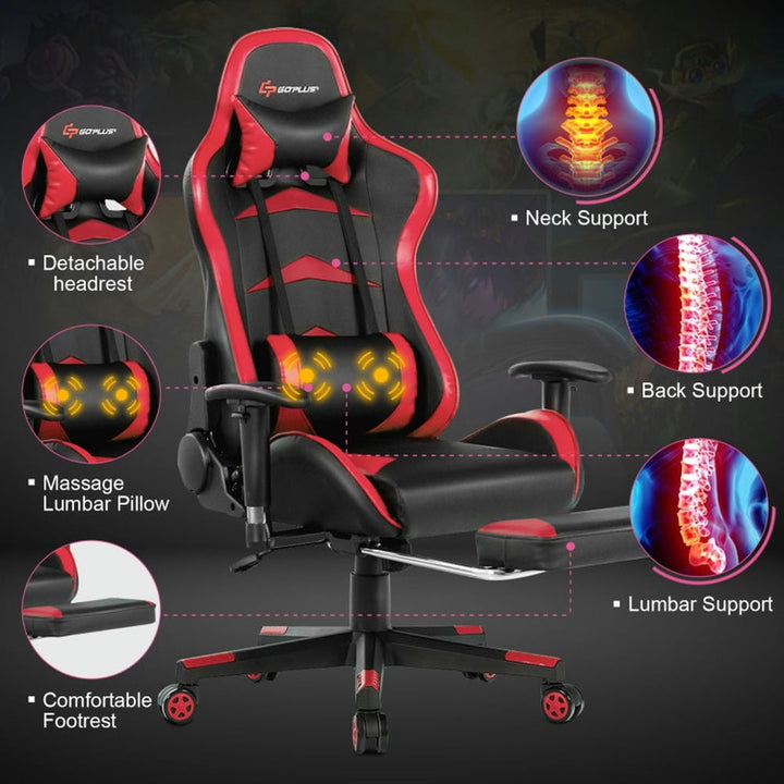 Hommoo Gaming Chair Computer Chair Office Chair Massage Gaming Chair with Footrest-Red Image 3