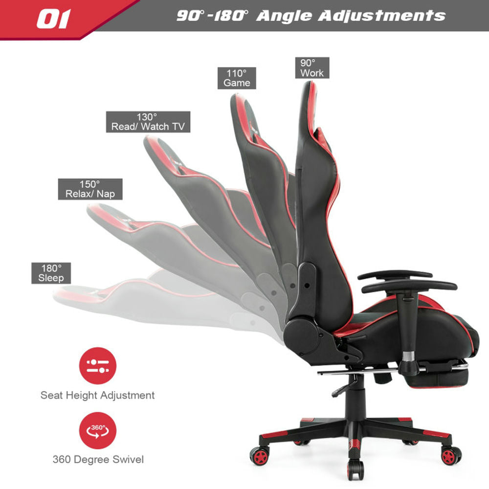 Hommoo Gaming Chair Computer Chair Office Chair Massage Gaming Chair with Footrest-Red Image 4