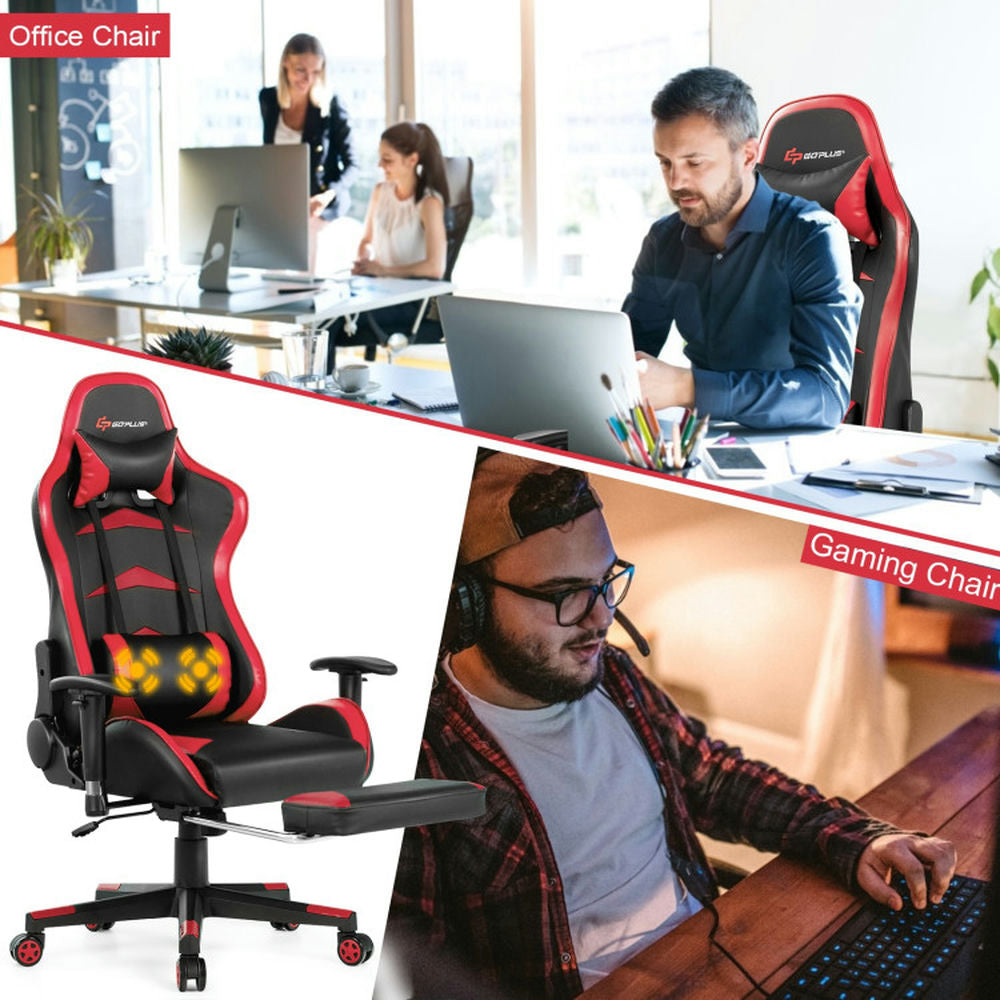 Hommoo Gaming Chair Computer Chair Office Chair Massage Gaming Chair with Footrest-Red Image 4