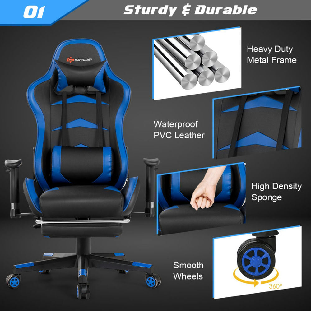 Hommoo Gaming Chair Computer Chair Office Chair Massage Gaming Chair with Footrest-Blue Image 2