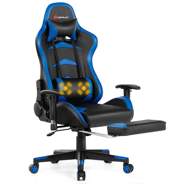 Hommoo Gaming Chair Computer Chair Office Chair Massage Gaming Chair with Footrest-Blue Image 3