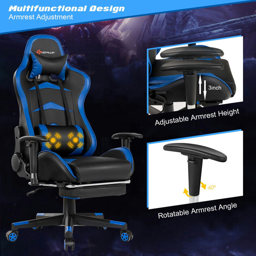 Hommoo Gaming Chair Computer Chair Office Chair Massage Gaming Chair with Footrest-Blue Image 6