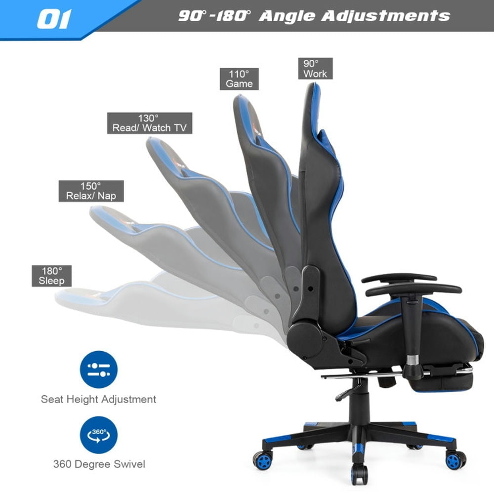 Hommoo Gaming Chair Computer Chair Office Chair Massage Gaming Chair with Footrest-Blue Image 7