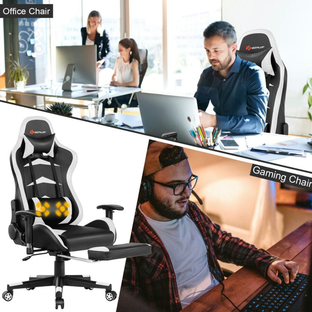 Hommoo Gaming Chair Computer Chair Office Chair Massage Gaming Chair with Footrest-White Image 2