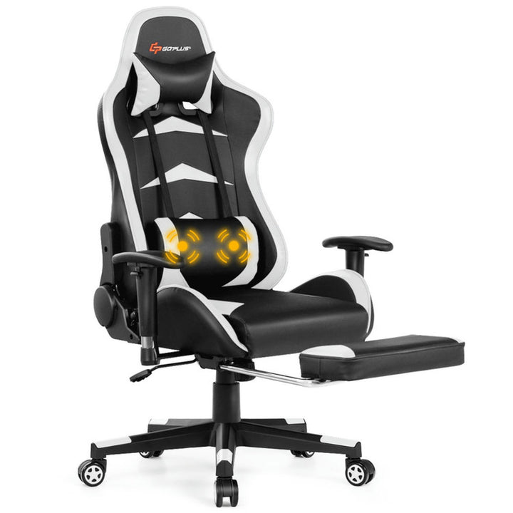 Hommoo Gaming Chair Computer Chair Office Chair Massage Gaming Chair with Footrest-White Image 3