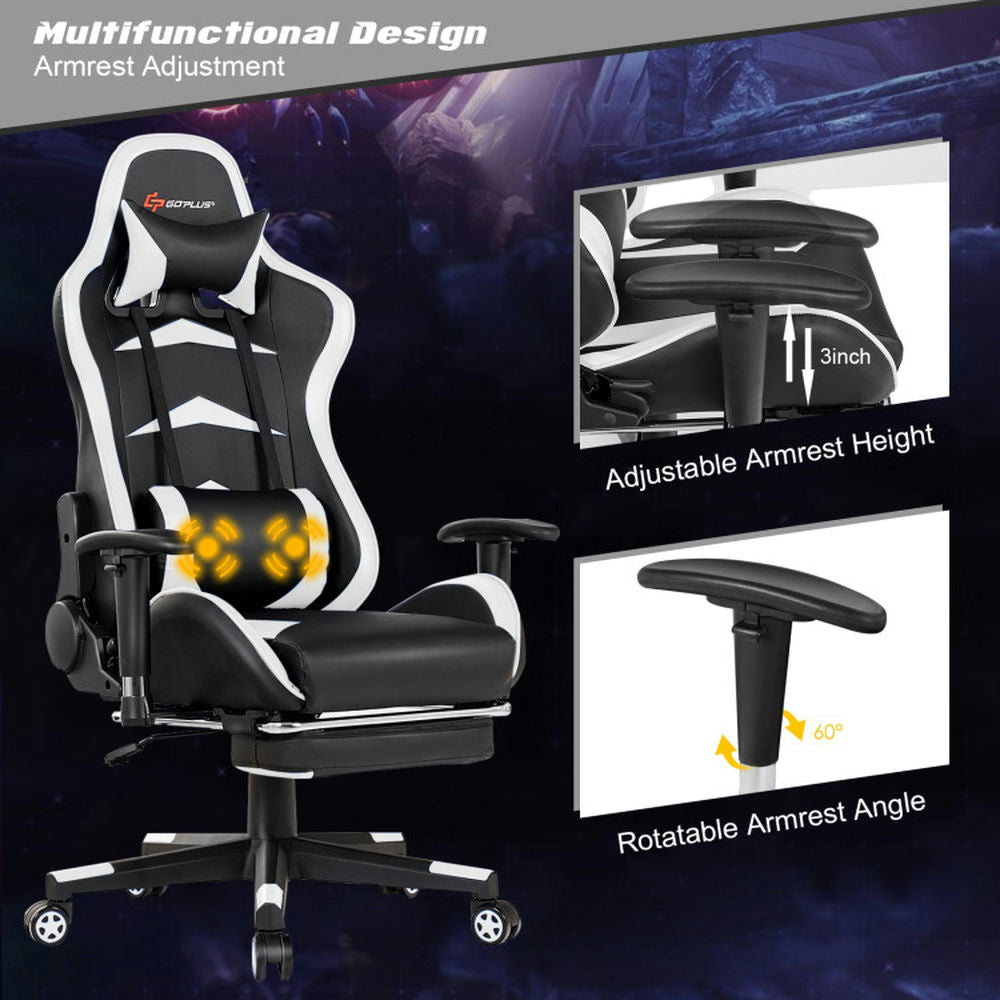 Hommoo Gaming Chair Computer Chair Office Chair Massage Gaming Chair with Footrest-White Image 4