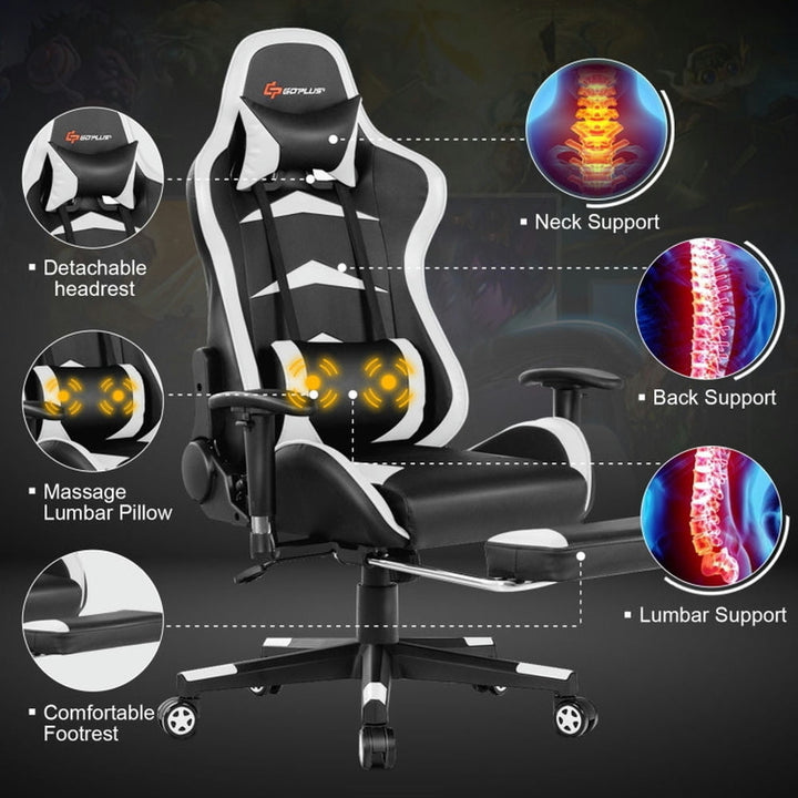 Hommoo Gaming Chair Computer Chair Office Chair Massage Gaming Chair with Footrest-White Image 4