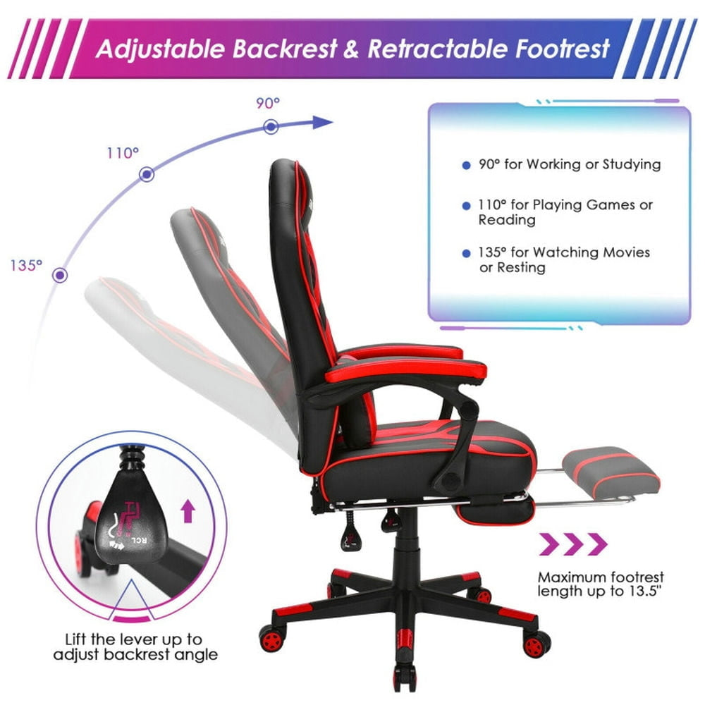 Hommoo Gaming Chair Computer Chair Office Chair Computer Massage Gaming Recliner Chair with Footrest-Red Image 2