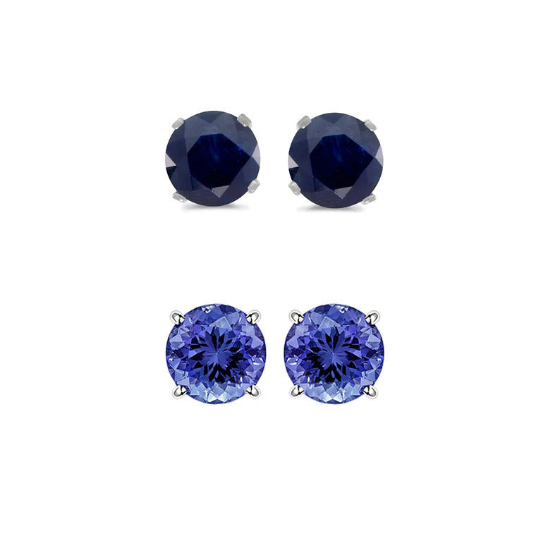 Paris Jewelry 18k White Gold 2Ct Created Black Sapphire and Tanzanite 2 Pairs Round Stud Earrings Plated Image 1