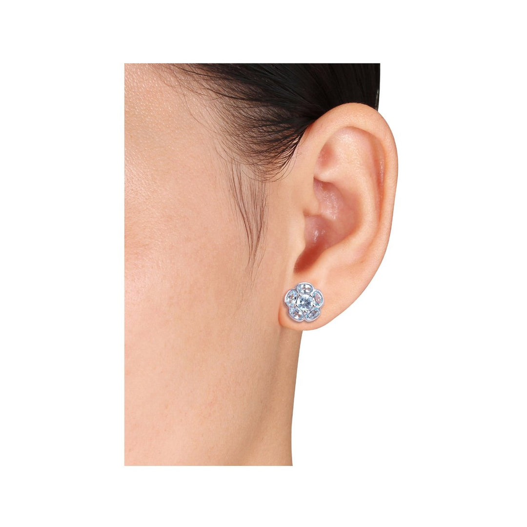 3.46 Carat (ctw) Blue Topaz Flower Stud Earrings in Sterling Silver Image 4