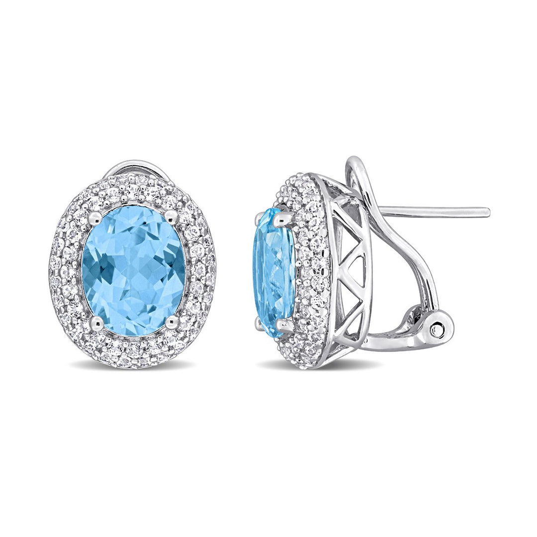 8.64 Carat (ctw) Blue and White Topaz Halo Button Earrings in Sterling Silver Image 1