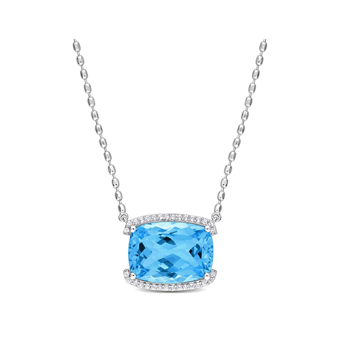 13 Carat (ctw) Blue Topaz Cushion Solitaire Pendant Necklace in Sterling Silver with Chain Image 1