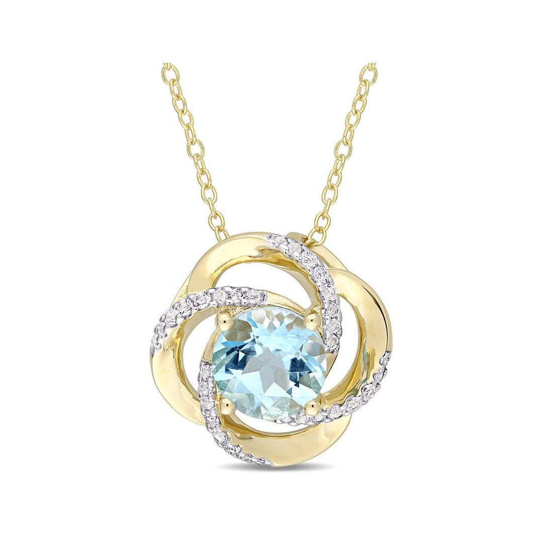 2.35 Carat (ctw) Blue Topaz Halo Swirl Pendant Necklace in Yellow Sterling Silver With Chain Image 1