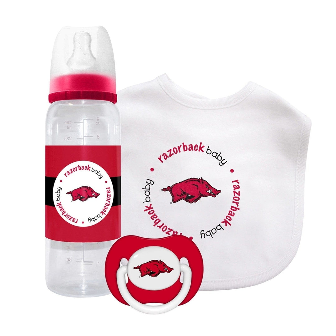 Arkansas Razorbacks Baby Gift Set 3-Piece BPA-Free Bib Bottle Pacifier Unisex Image 1