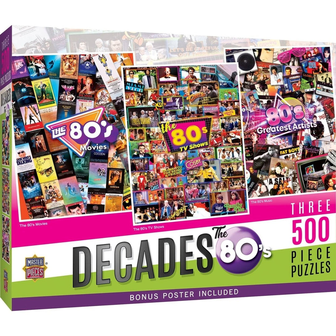 Decades 80s Jigsaw Puzzles 500 Pieces 3 Pack Nostalgic Movie and Music Themes Image 1