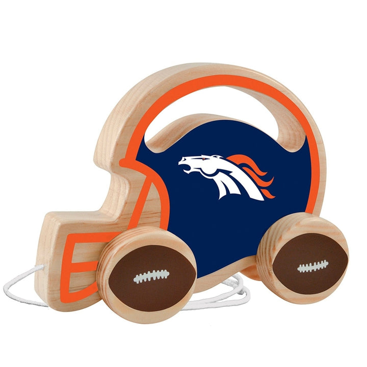 Denver Broncos Push Pull Baby Toy Wood Baby Safe Non-Toxic Colorful Wheels Image 1