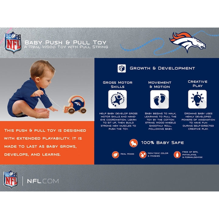 Denver Broncos Push Pull Baby Toy Wood Baby Safe Non-Toxic Colorful Wheels Image 3