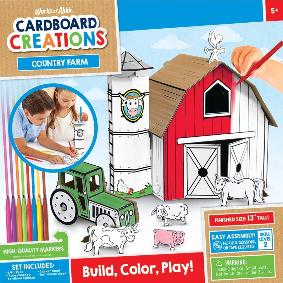 Cardboard Craft Kit Farm Playset Buildable with Markers and 17 Pre-Cut Pieces Image 1