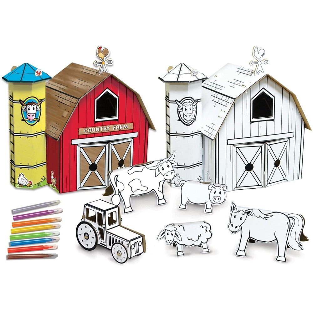 Cardboard Craft Kit Farm Playset Buildable with Markers and 17 Pre-Cut Pieces Image 2