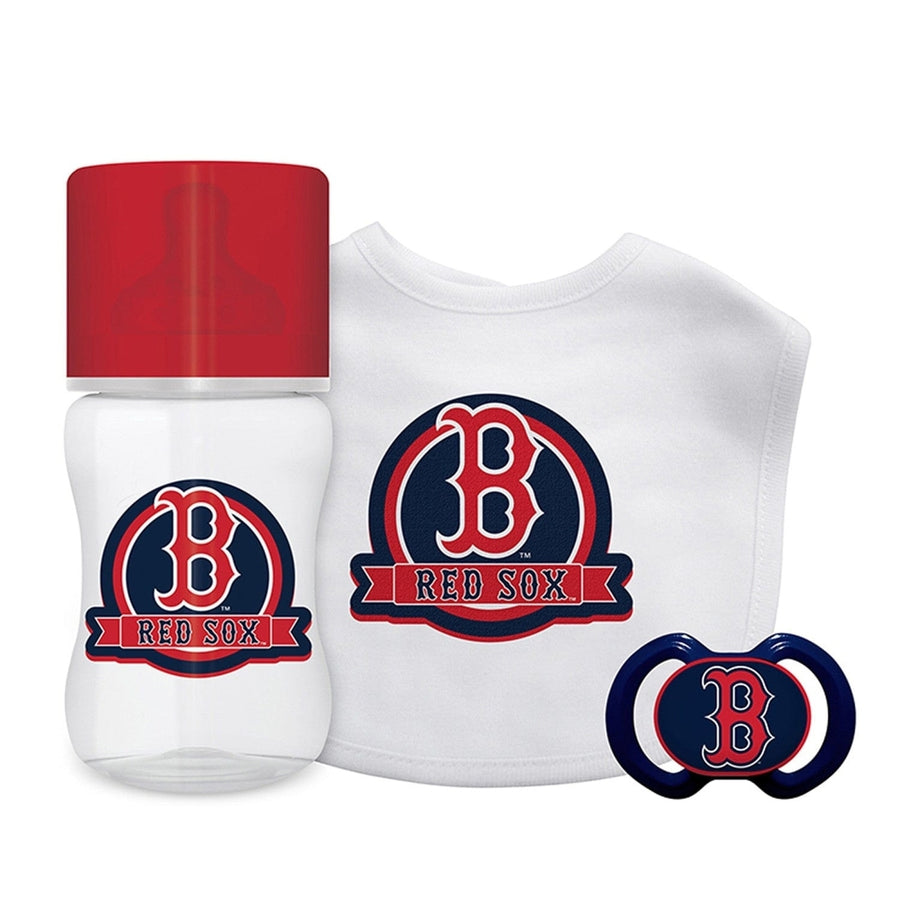 Boston Red Sox Baby Gift Set 3 Piece BPA Free Pacifier Bottle Cotton Bib Image 1