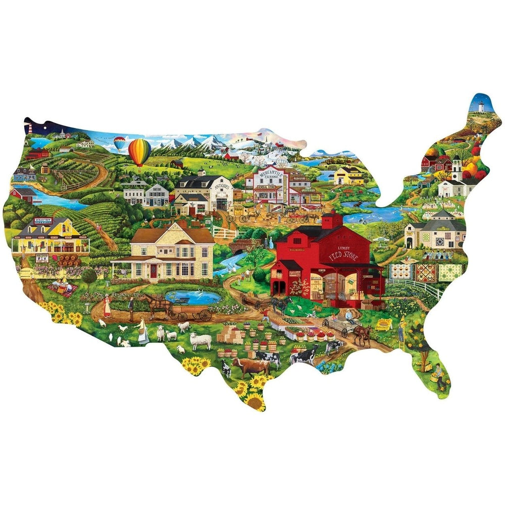 Contours 1000 Piece USA Map Shaped Jigsaw Puzzle Folk Art Eco-Friendly Chipboard Image 2