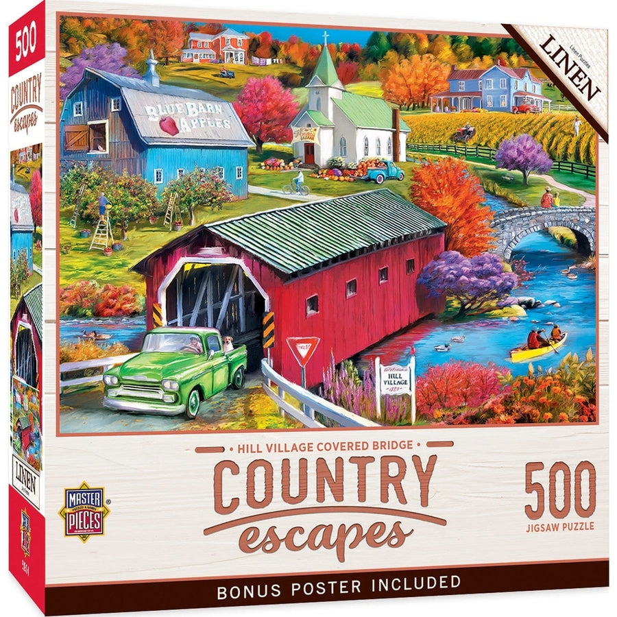 Country Escapes Hill Village Covered Bridge 500 Piece Jigsaw Puzzle Art Image 1