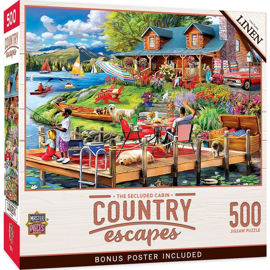 Country Escapes 500 Piece Jigsaw Puzzle Secluded Lake Cabin Summer Scene Image 1