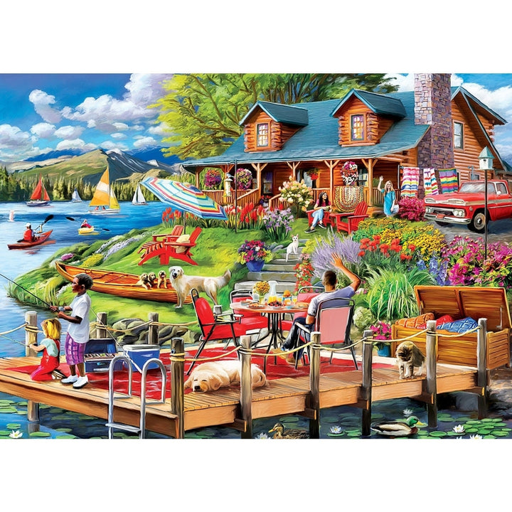 Country Escapes 500 Piece Jigsaw Puzzle Secluded Lake Cabin Summer Scene Image 2