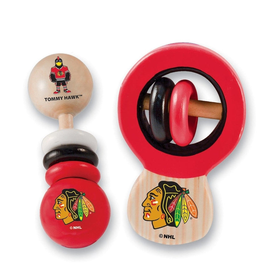 Chicago Blackhawks Baby Rattles 2-Pack Wooden Non-Toxic Infant Toys Image 1