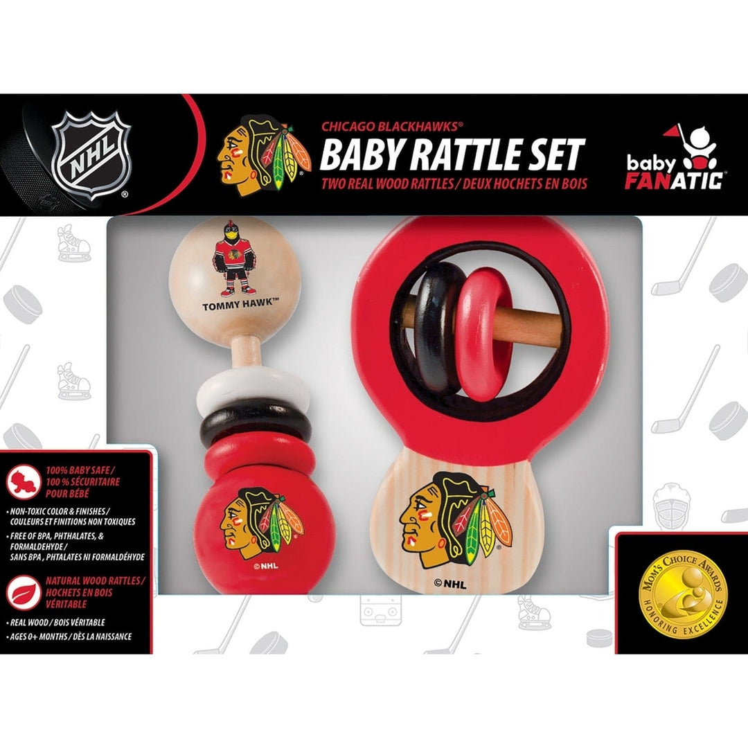 Chicago Blackhawks Baby Rattles 2-Pack Wooden Non-Toxic Infant Toys Image 2