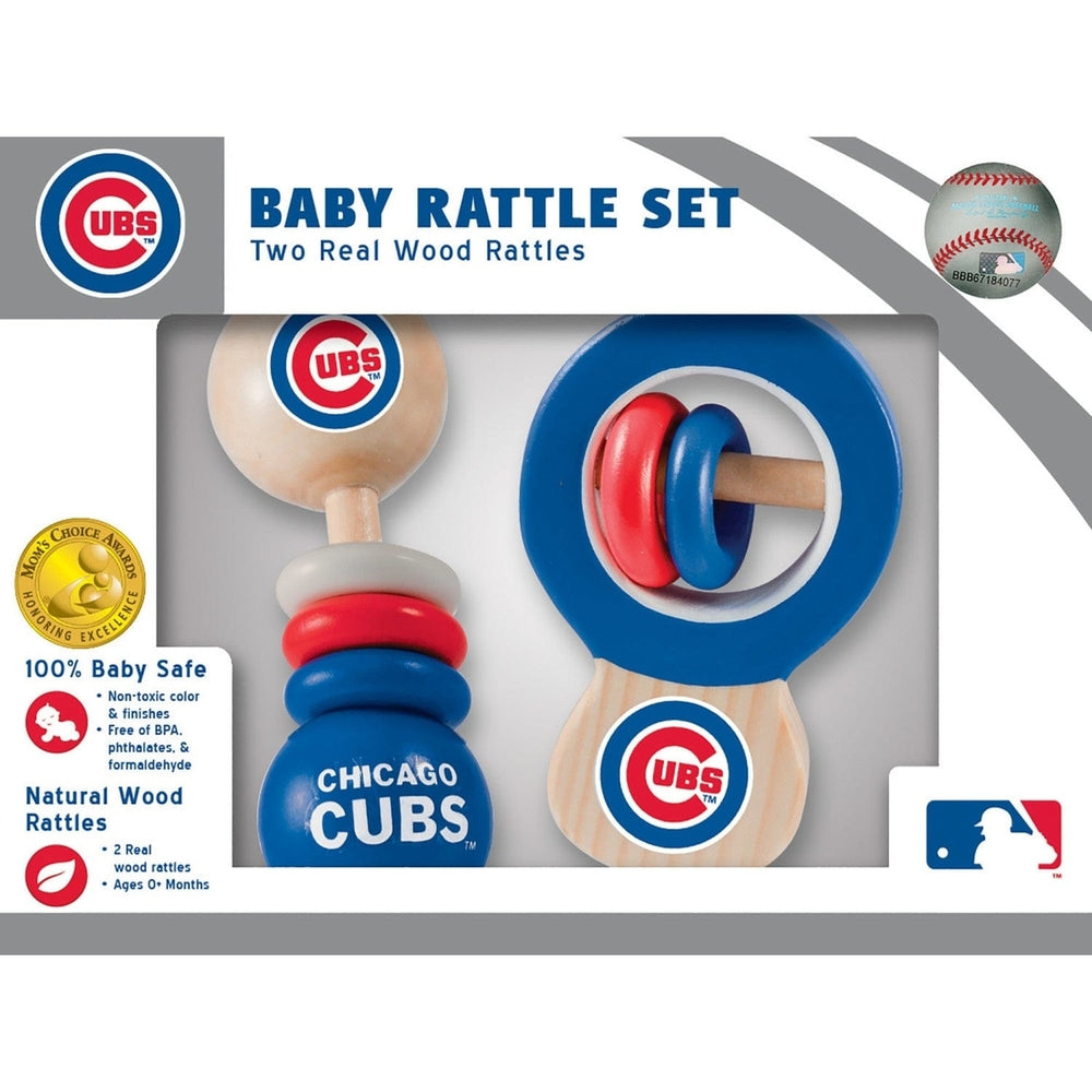 Chicago Cubs Baby Rattles 2-Pack Wooden Non-Toxic Infant Toys Safe BPA Free Image 2