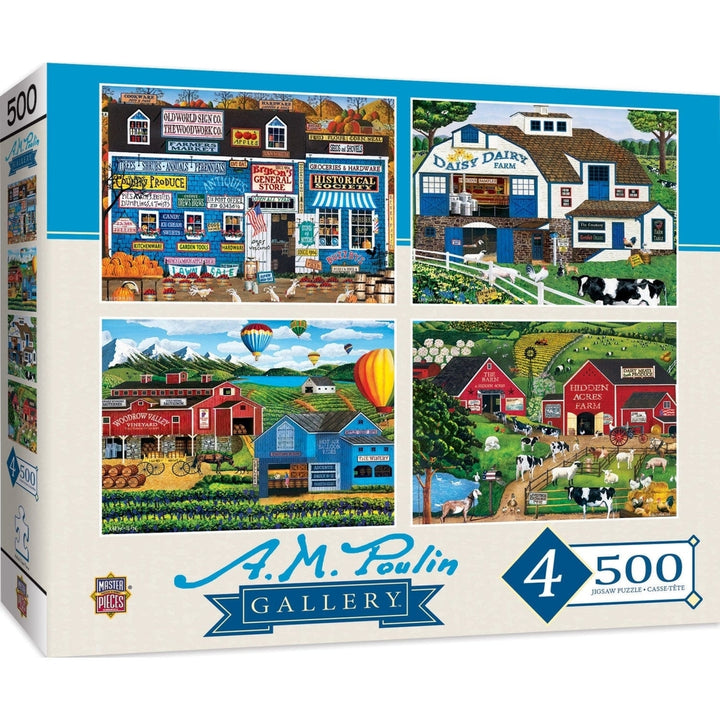 A.M. Poulin 500 Piece Jigsaw Puzzles 4 Pack Farm Scene Folk Art 100% Recycled Image 1