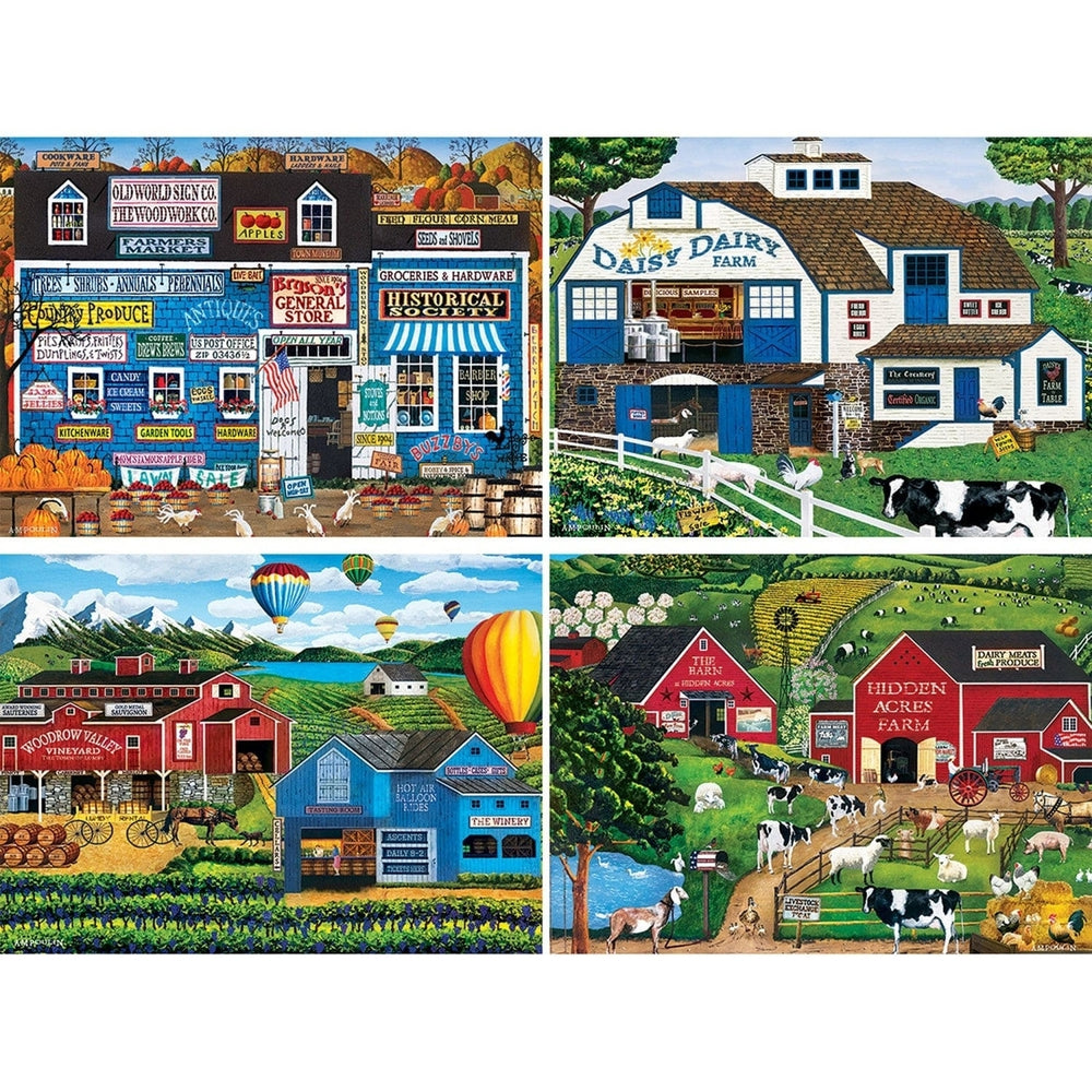 A.M. Poulin 500 Piece Jigsaw Puzzles 4 Pack Farm Scene Folk Art 100% Recycled Image 2