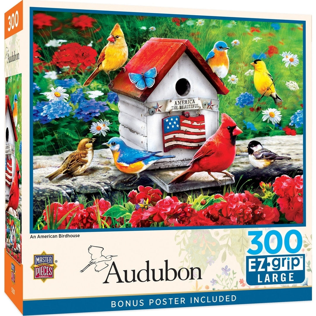 Audubon 300 Piece EZ Grip Jigsaw Puzzle Birdhouse Wildflowers Meadow Scene Image 1