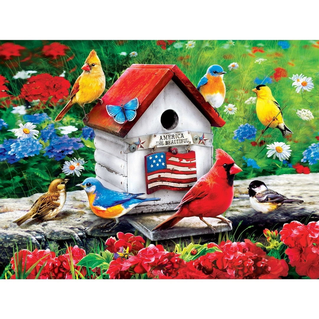 Audubon 300 Piece EZ Grip Jigsaw Puzzle Birdhouse Wildflowers Meadow Scene Image 2