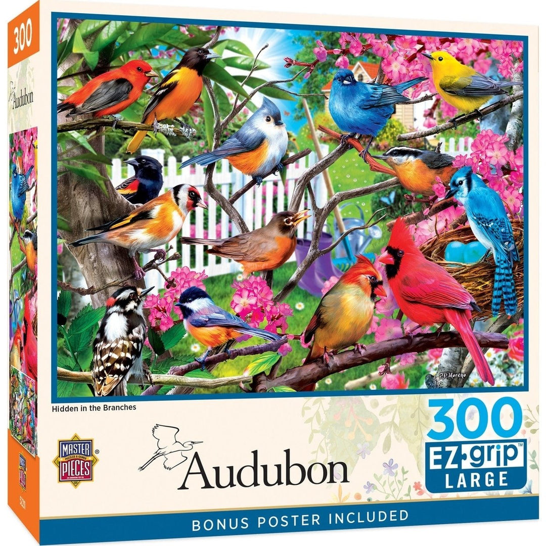 Audubon 300 Piece EZ Grip Jigsaw Puzzle Hidden in the Branches Colorful Birds Image 1