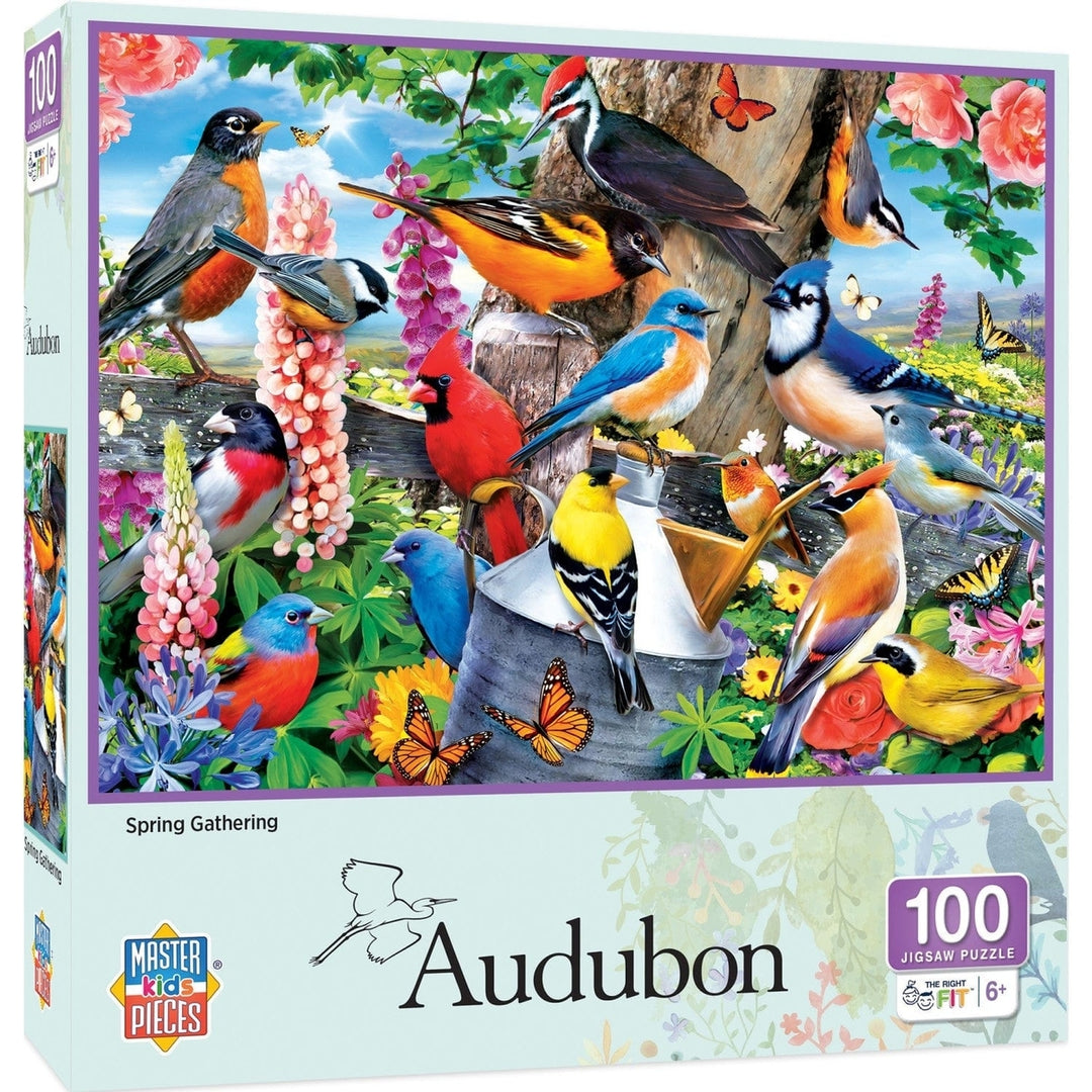 Audubon Spring Gathering 100 Piece Jigsaw Puzzle Colorful North American Birds Image 1