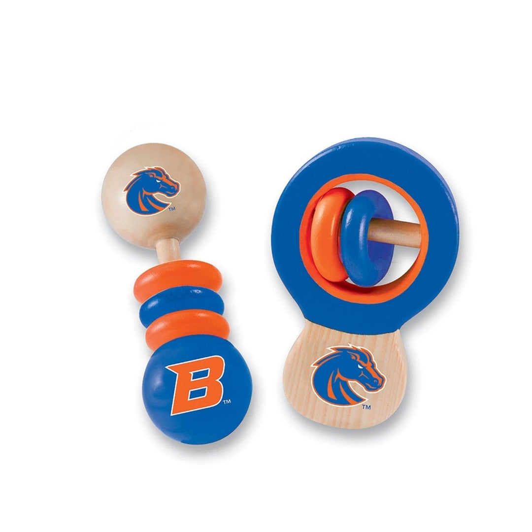 Boise State Broncos Baby Rattles 2-Pack Wooden Safe Infant Development Toys Image 1