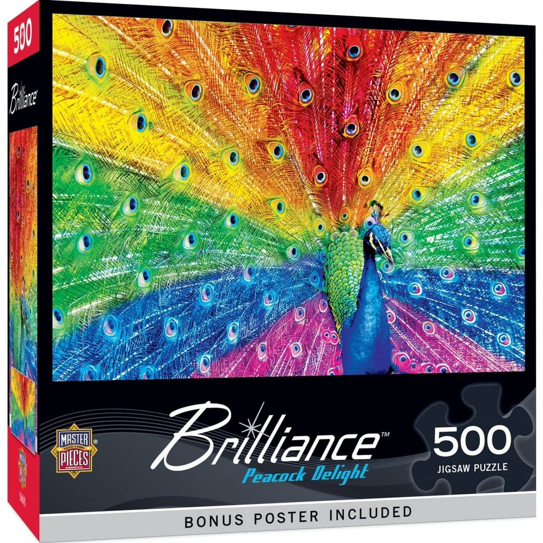 Brilliance Peacock Delight 500 Piece Jigsaw Puzzle Colorful Rainbow Feathers Image 1