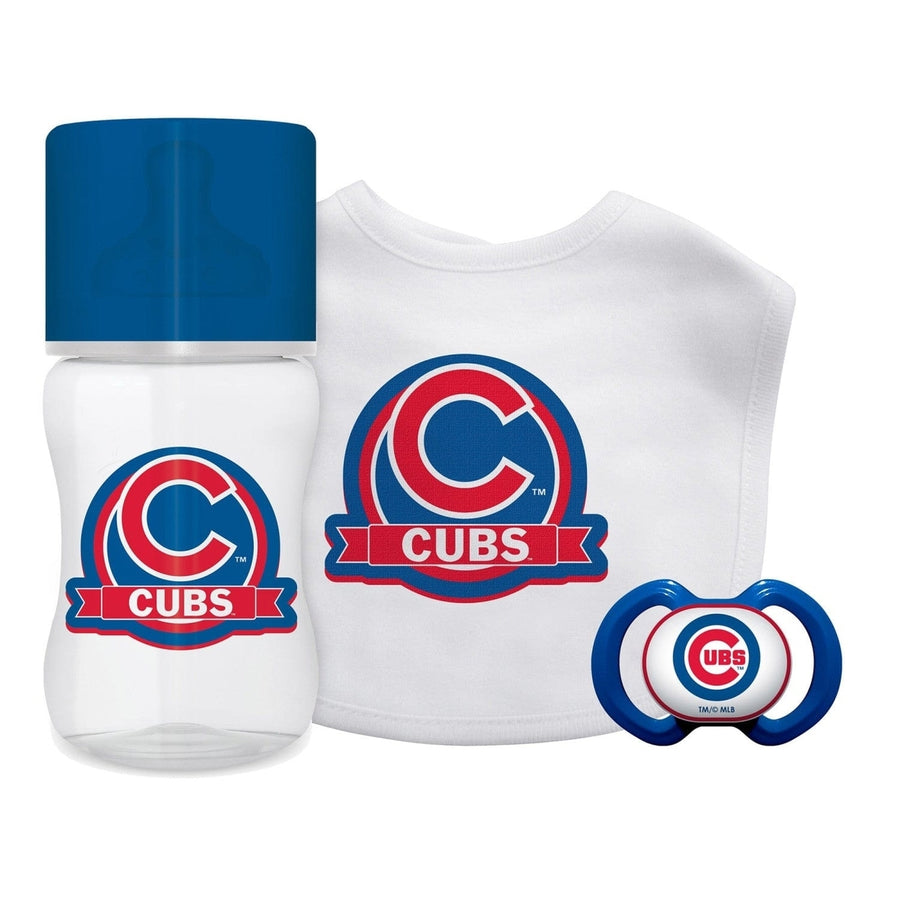 Chicago Cubs 3-Piece Baby Gift Set Unisex BPA-Free Pacifier Bib Bottle Image 1