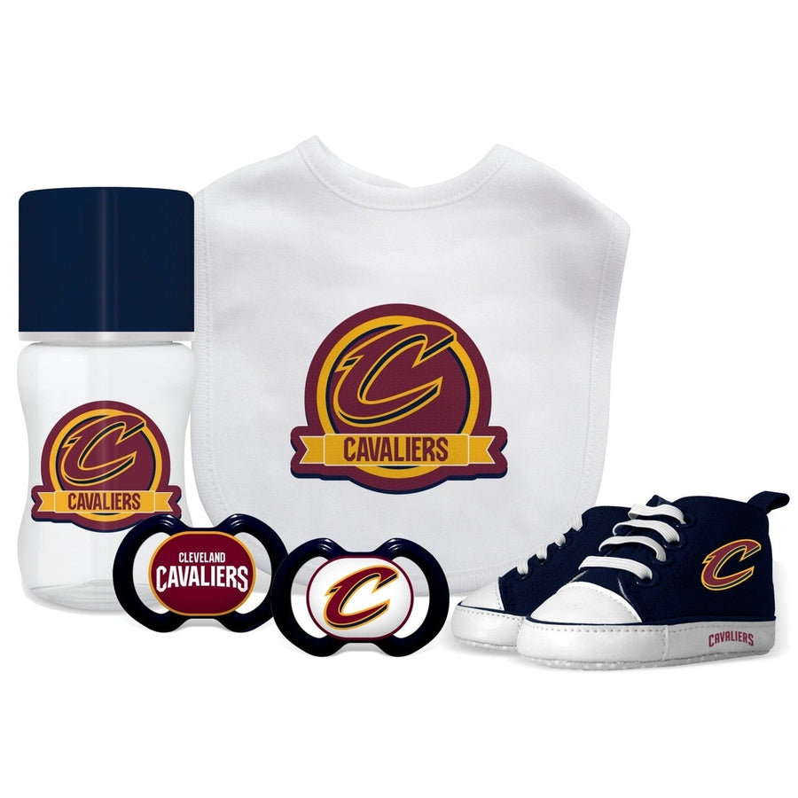 Cleveland Cavaliers 5-Piece Baby Gift Set Bib Bottle Shoes Pacifiers Unisex NBA Image 1