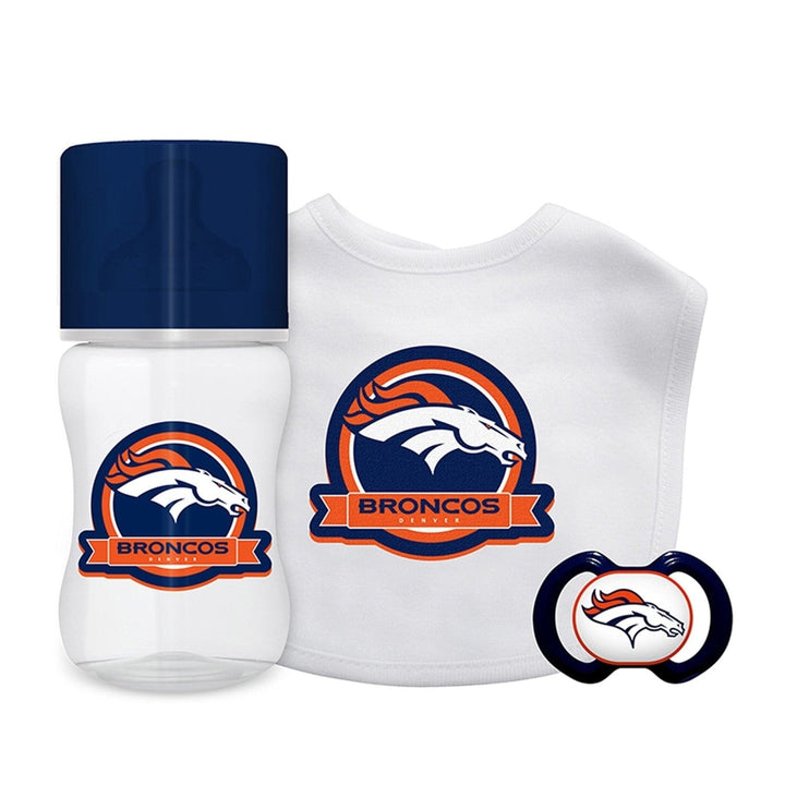 Denver Broncos Baby Gift Set 3-Piece Unisex BPA-Free Cotton Bib Pacifier Bottle Image 1