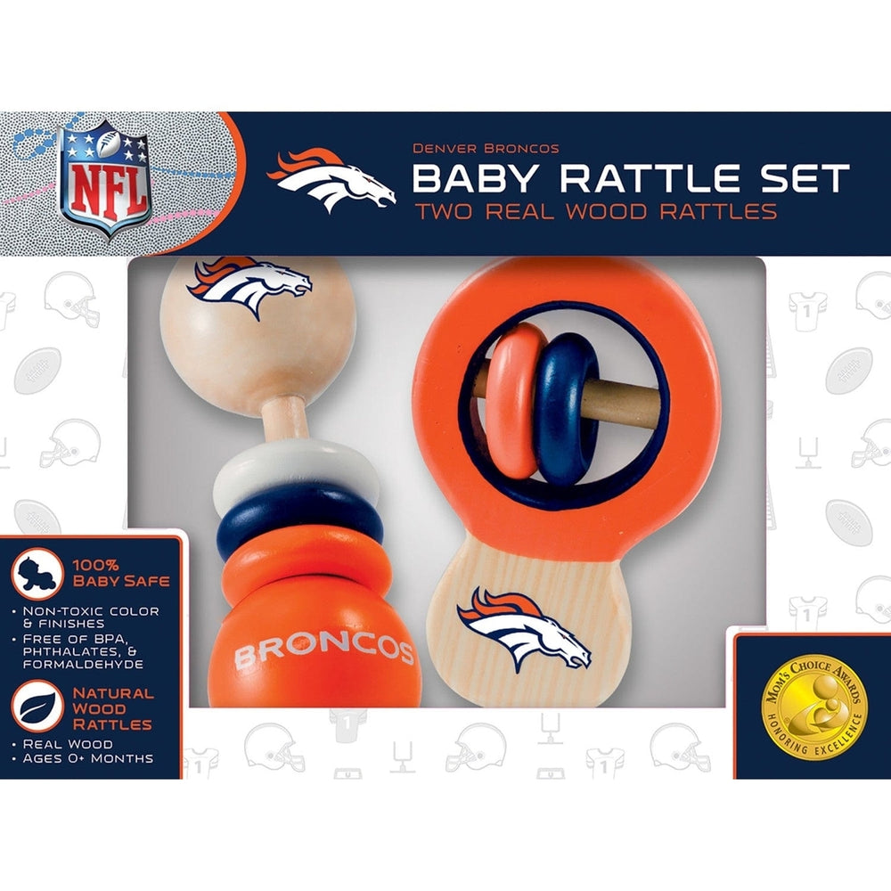 Denver Broncos Baby Rattles 2-Pack 100 Percent Baby Safe Real Wood Toys Image 2