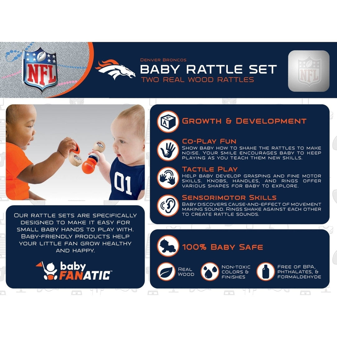 Denver Broncos Baby Rattles 2-Pack 100 Percent Baby Safe Real Wood Toys Image 3